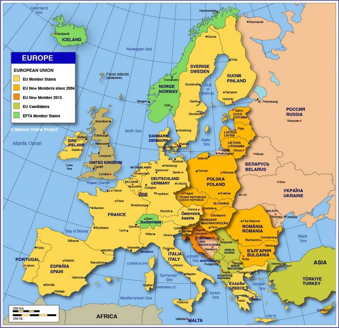 Карта стран Европы, nationsonline.org