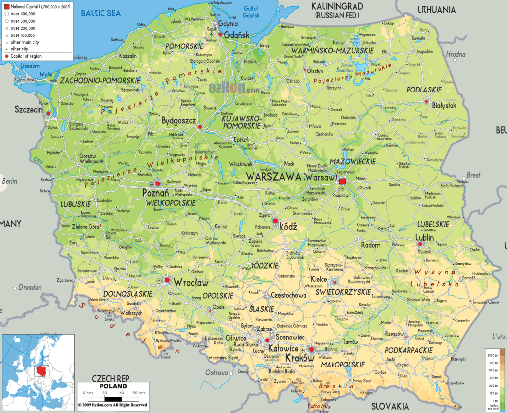Физическая карта Польши