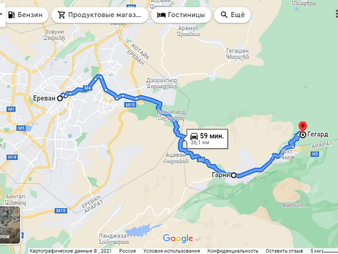 Монастырь Гегард на карте, маршрут от Еревана