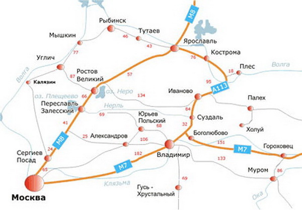 Города Золотого кольца - карта, kudapoletet.com
