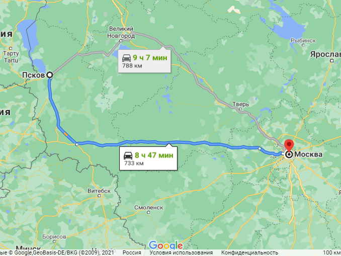 Маршруты поездки Москва-Псков на машине