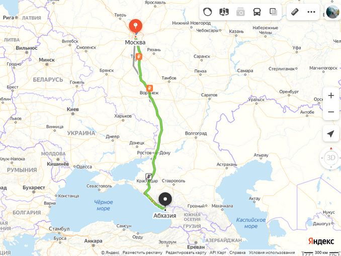 Маршрут поездки на авто из Москвы в Абхазию