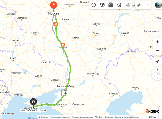 Маршрут поездки на машине Москва-Крым