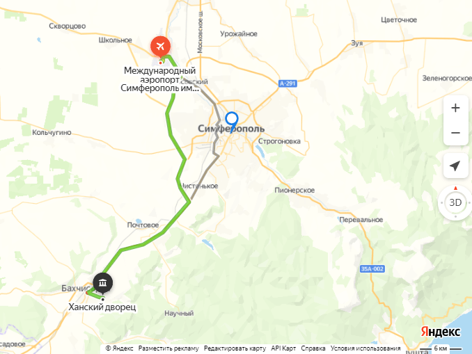 Маршрут поездки из аэропорта Симферополя в Бахчисарай