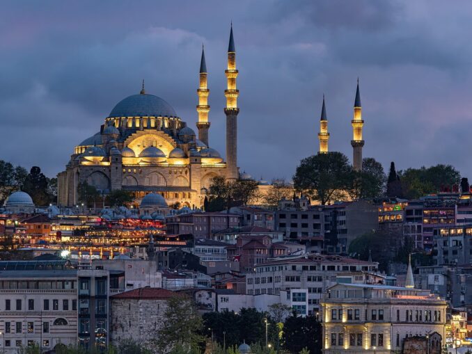 View of the Blue Mosque - the air temperature in Istanbul in April reaches +25 degrees Celsius