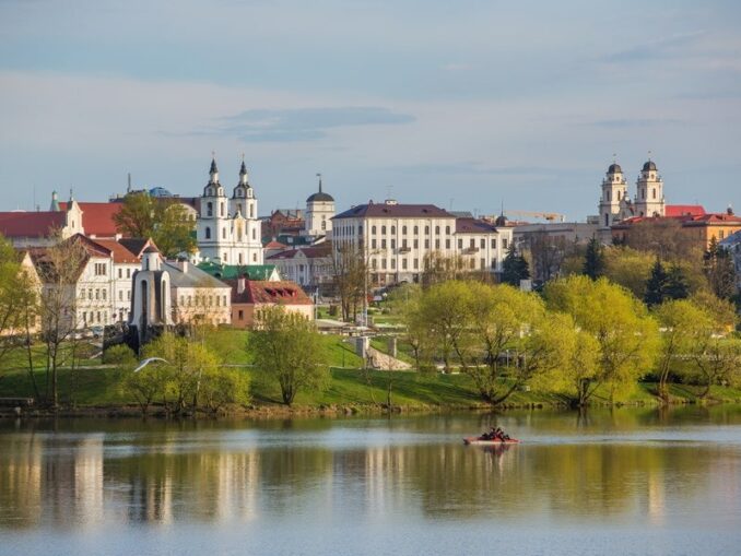 Svisloch river in Minsk in spring Upper Town - in Minsk in April you need to dress lightly